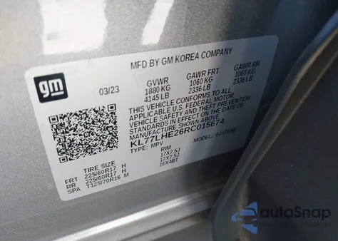 2024 Chevrolet Trax Fwd Lt из США, поврежденный, VIN KL77LHE26RC015674